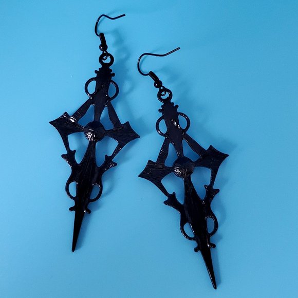 Gothic Vintage Cross Earrings - Black Metal with Red Crystal - Picture 2 of 4